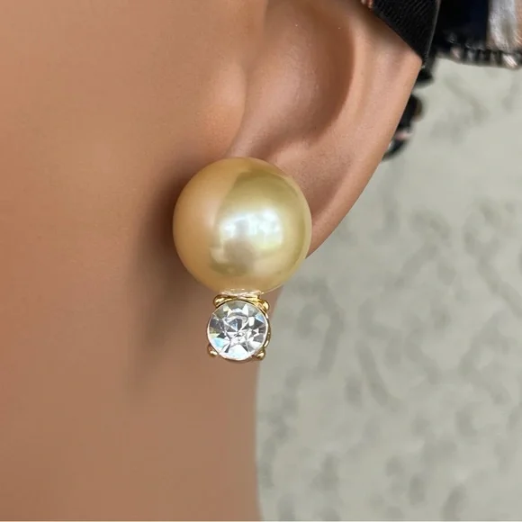 Vintage Kenneth Jay Lane Faux Pearl Post Earrings: 1970s Crystal Accent - Picture 4 of 6